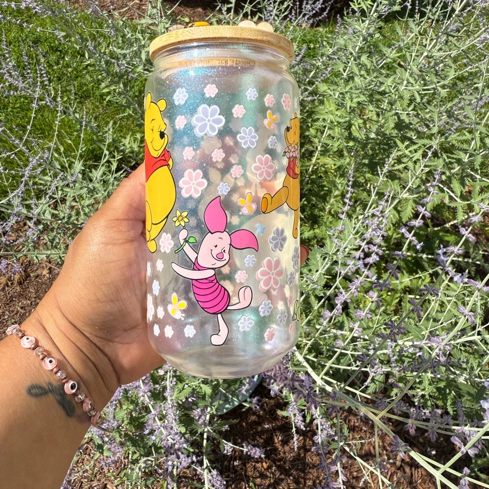 Winnie the Pooh Glass Jar with Floral Design Custom Made